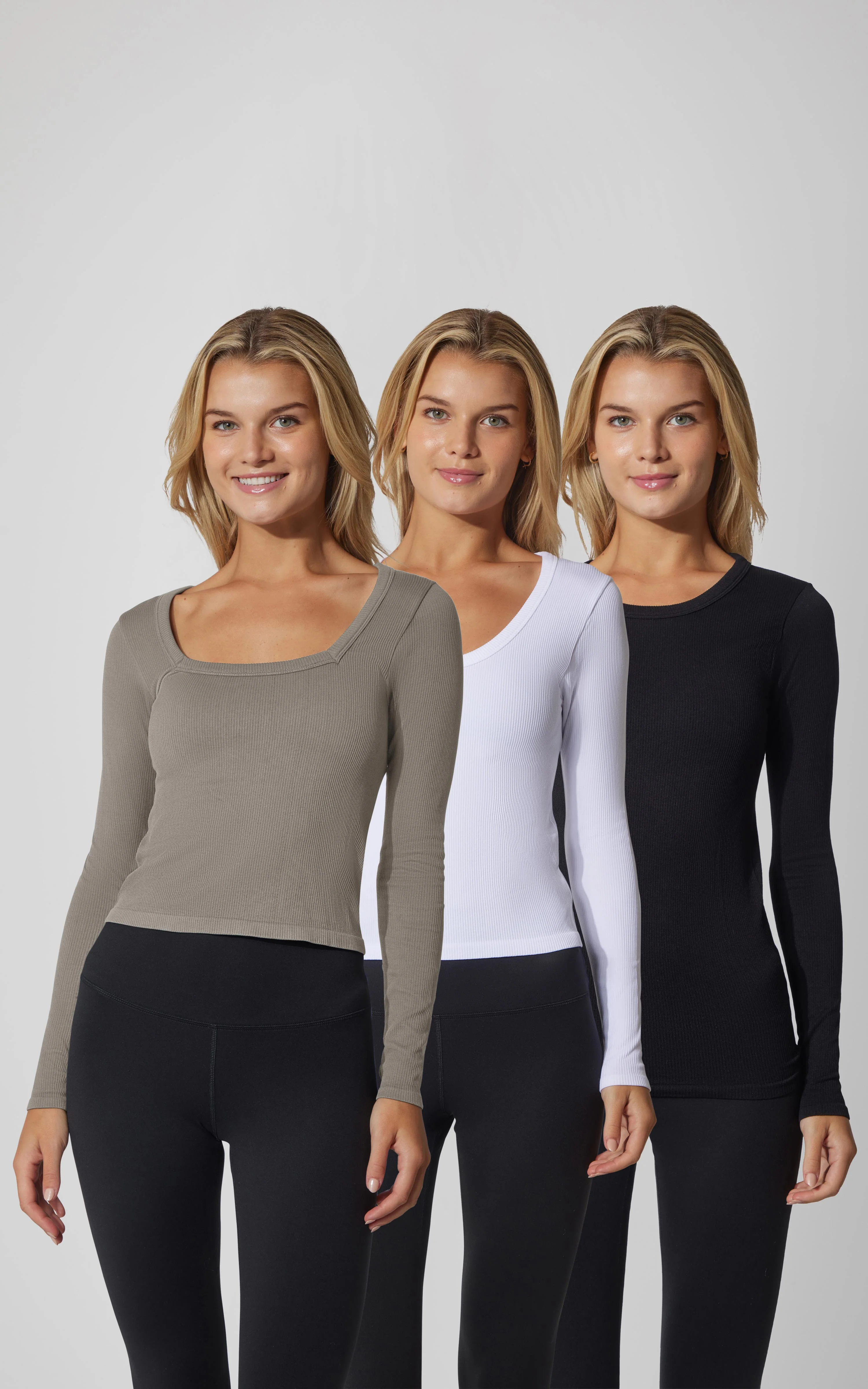3 PK Ribbed Seamless Crew Neck, Scoop Neck and Square Neck Long Sleeve Top - Image 20