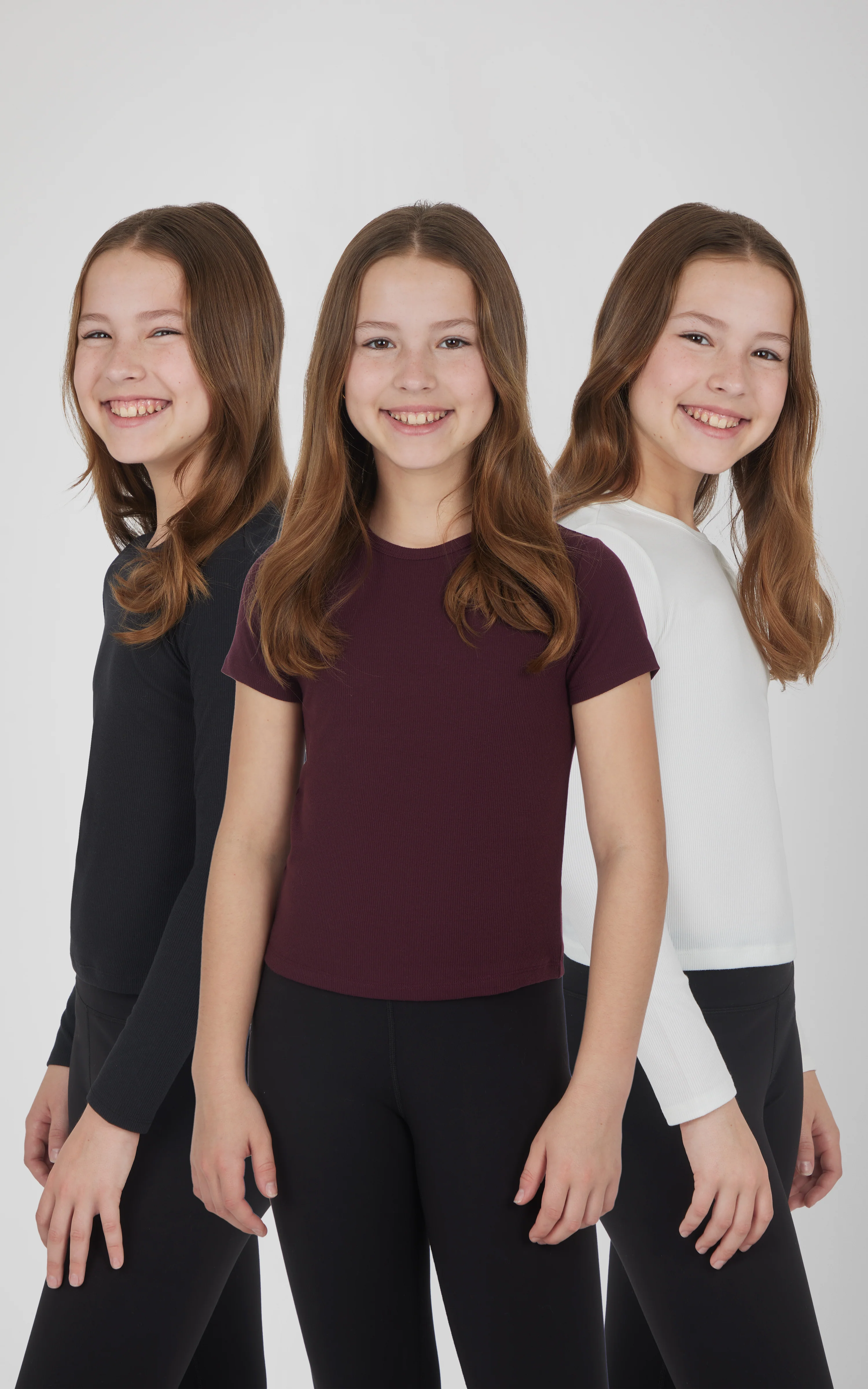 Girls 3 PK Ribbed Crew Neck Short Sleeve Shirt + Ribbed Crew Neck Long Sleeve Shirt