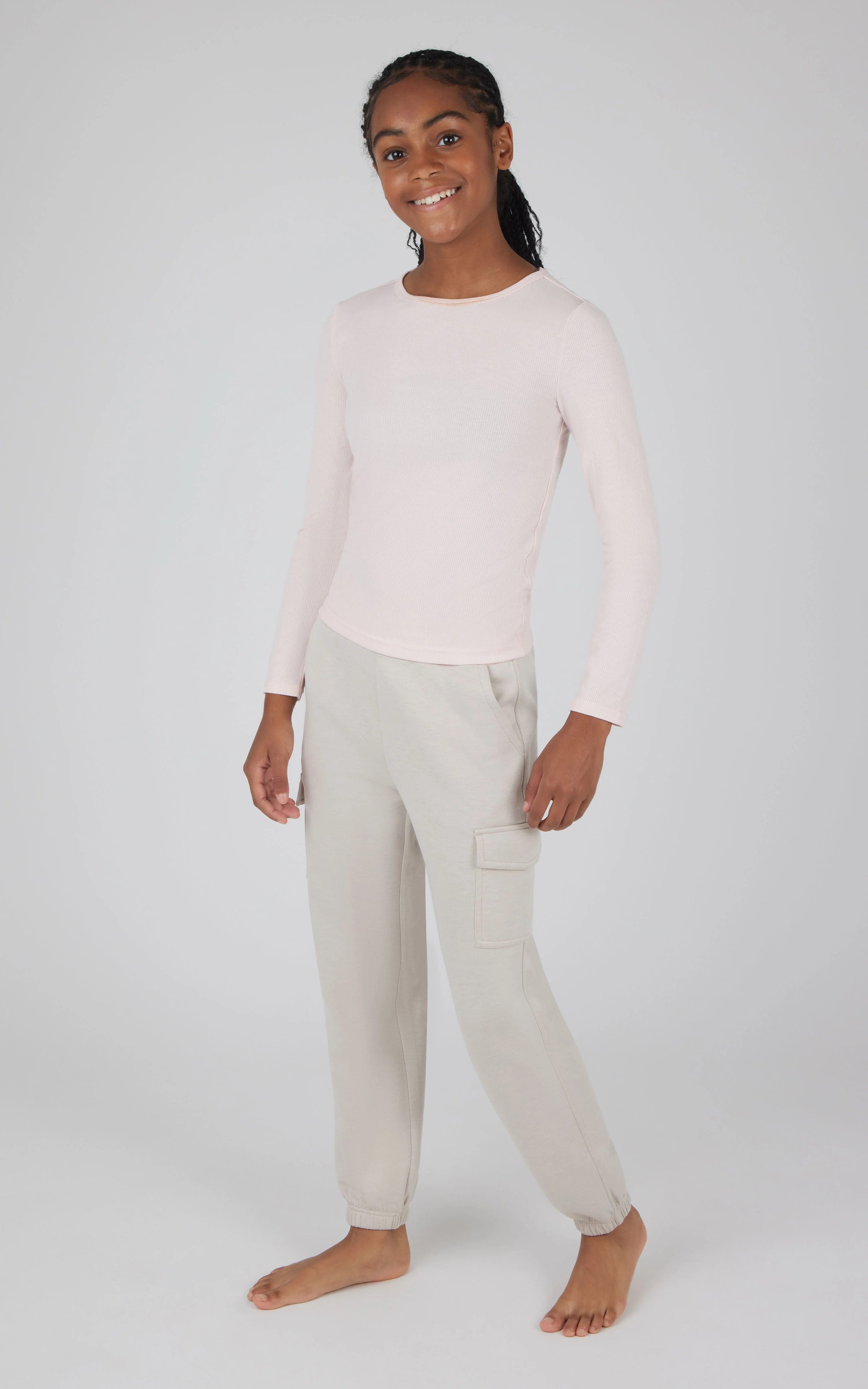 Girls 2 pc Set Heavenly Rib Long Sleeve Crew and Cargo Pocket Legging - Image 2
