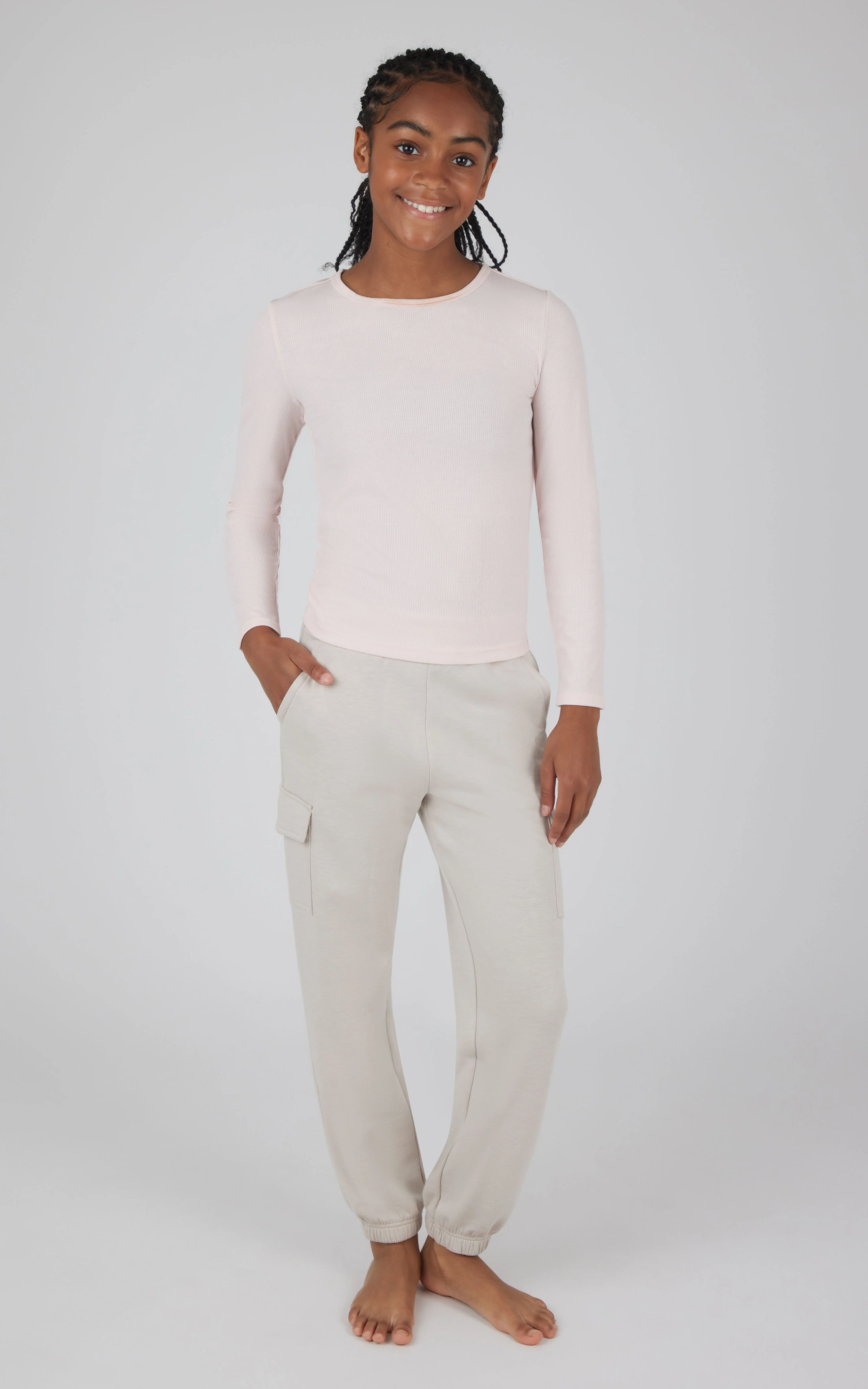 Girls 2 pc Set Heavenly Rib Long Sleeve Crew and Cargo Pocket Legging - Image 3